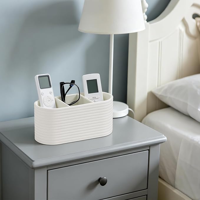Remote Control Holder, Oval Pen Holder for Desk, Ivory | 3-Compartment Desk Caddy for Remotes, Glasses, Pens, PU Leather Small Desk Organizer for Nightstand, Coffee Table, Office