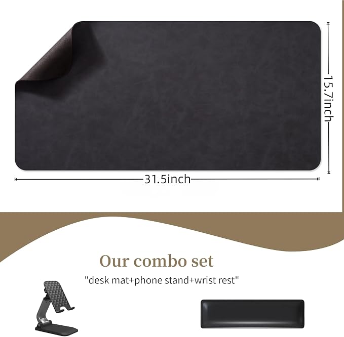 Leather Desk pad for Computer and laptops, Ideal for Gaming and Office use, Large Mouse pad and Keyboard mat,Desk mat Special for man. A complimentary Wrist pad and Phone Stand (Black, 31.5"*15.7")