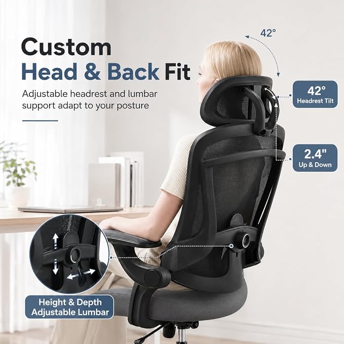 Ergonomic Office Chair, Home Office Desk Chairs with Adjustable Lumbar Support and Headrest, High Back Mesh Computer Desk Chair with 3D Flip-up Armrests & 360° Swivel Wheels, 275 LBS