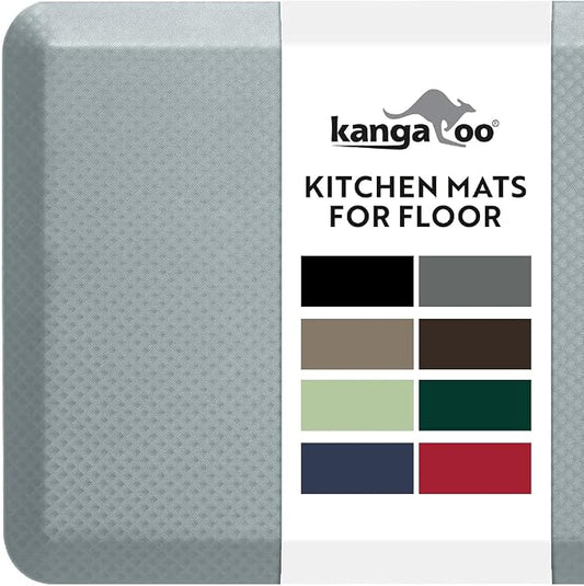 KANGAROO Anti Fatigue Mats for Kitchen Floor, 70x24 Runner, 3/4 Inch Cushioned Ergonomic Mat, Reduce Foot Pressure, Waterproof Comfort Rug for Under Sinks, Office Standing Desk, Store Floors, Silver