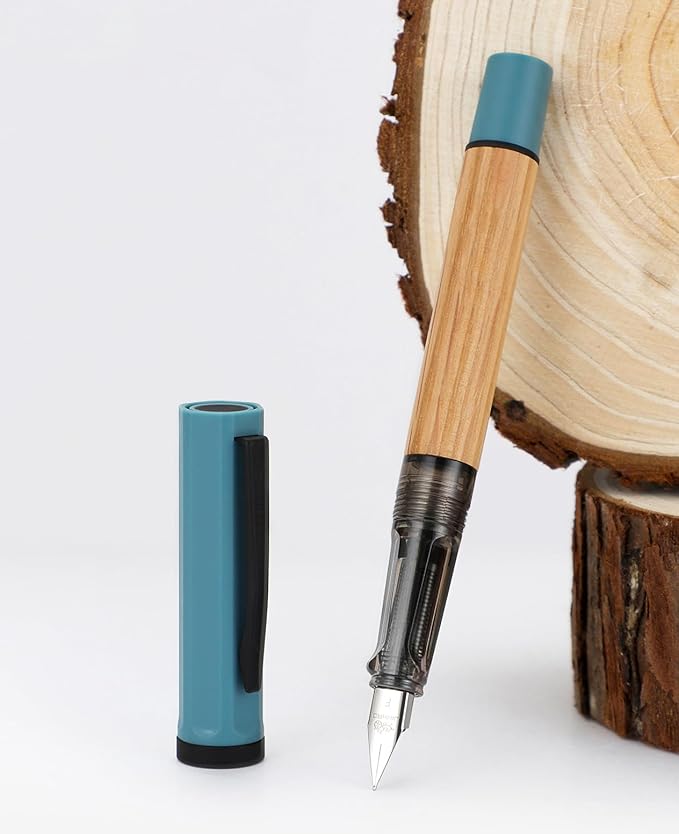 Jinhao 58 Natural Oak Wood Fountain Pen, Fine Nib Writing Pen (Blue) | Handcrafted natural oak wood pen with converter. Elegant executive gift for journaling, sketching & calligraphy