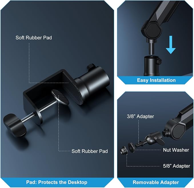 Microphone Arm,SEMNLAN LM08 Desk Adjustable Mic Boom Arm Stand,Suitable For Blue Yeti,Snowball iCE, HyperX QuadCast,SoloCast,Elgato Wave,Etc