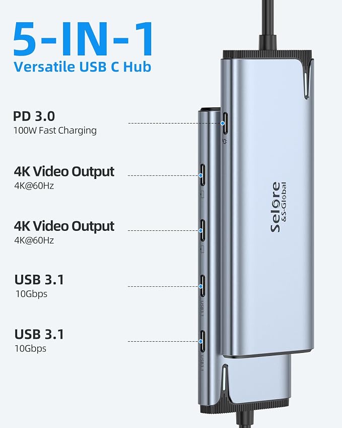 Selore USB-C Splitter with Dual 4K@60Hz Video Output,USB-C to USB-C Hub Dual Video Monitor with DP Alt Mode,10Gbps Data Transfer,100W PD,Docking Station Dual Monitor for Laptop iPad Dell HP and More