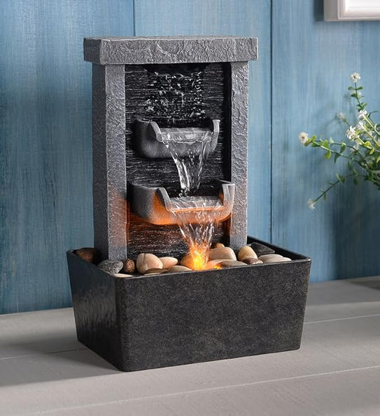 GOSSI Home Décor 10.3 in Indoor Waterfall Fountain Relaxation High Pressure Water Pumps Tabletop Fountain Nature Feeling Water Fountains with Reflective Lighting/River Rocks Home/Office Decoration