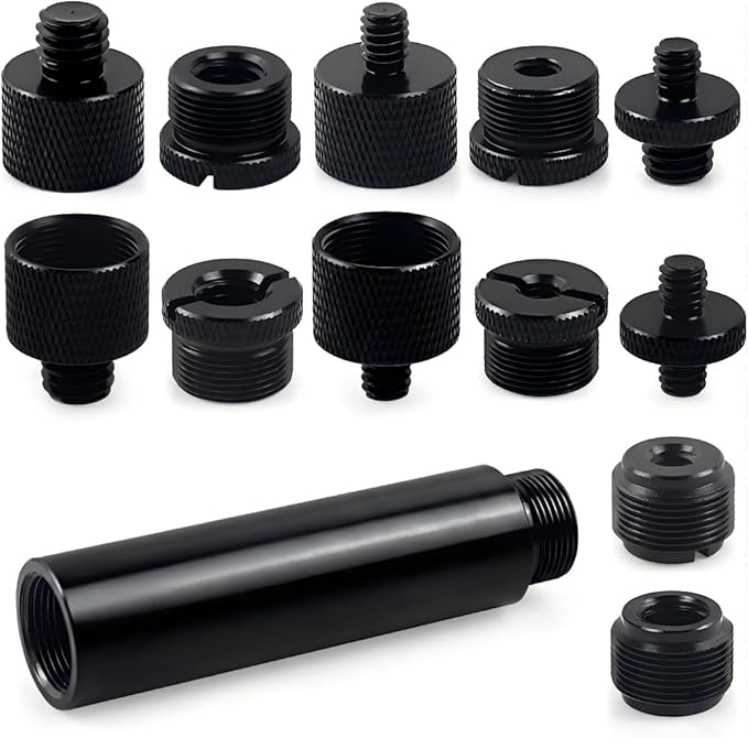 13 PCS Microphone Mount Mic Stand Adapter Parts Set - 3" Extension Tube, Aluminum Alloy 3/8 to 5/8, 1/4 to 5/8 Threaded Screw for Tripod Adapter, Shock Mount, Boom Arm, Projector, Black Anodized