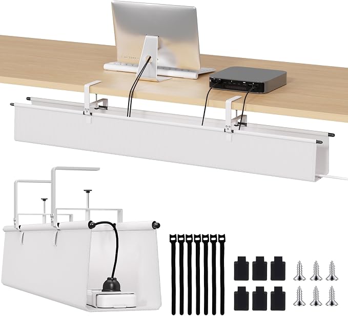 Under Desk Cable Management Tray, 48" Fabric Wire Cord Organizer, White | No Drill Under Table Wire Organizer with 16X Cable Ties for Office/Home, Cord Hider Fit Adapters & Sockets, Clamp/Screw Mount