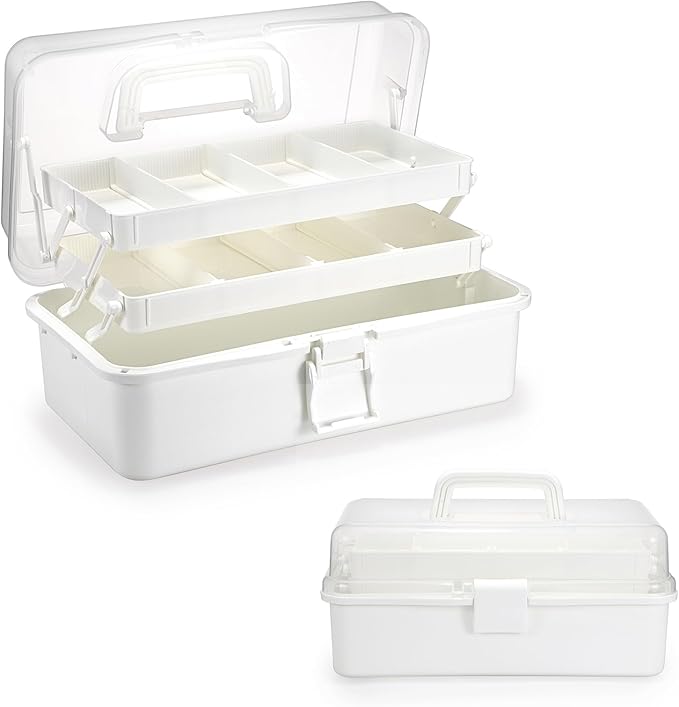 BTSKY 3-Layer Plastic Dividing Storage Box Craft Organizer and Storage | Portable Handled Art Supply Organizer with Adjustable Spacers Multipurpose Home Utility Box for Medicine Sewing(Beige White)