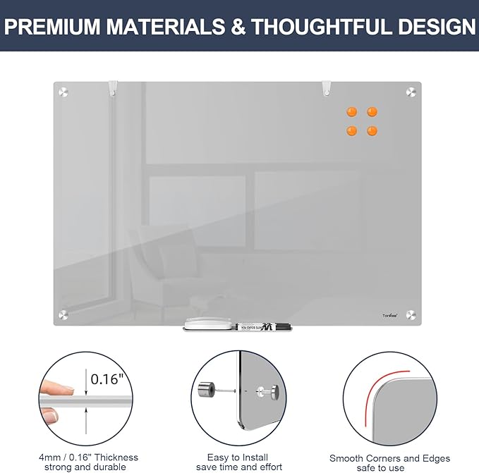 Glass Whiteboard for Wall, TANKEE 36 x 24 Inches Magnetic Glass Dry Erase Board, Frameless Large White Board for Office School Home Classroom, 3x2 Feet