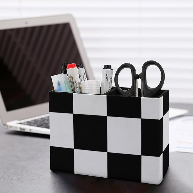 Black And White Grid PU Leather Pen Holder Desk Organizer, 2-Compartment Pencil Container for Office, Home, Vanity Use