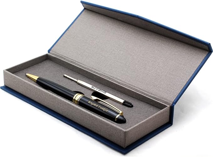 Free Engraving – Personalized Roller Ballpoint Pen, Refillable Black Ballpoint Pen with Gold Trim, Single-Color Design, Retractable Medium Refill, Classy Gift Box