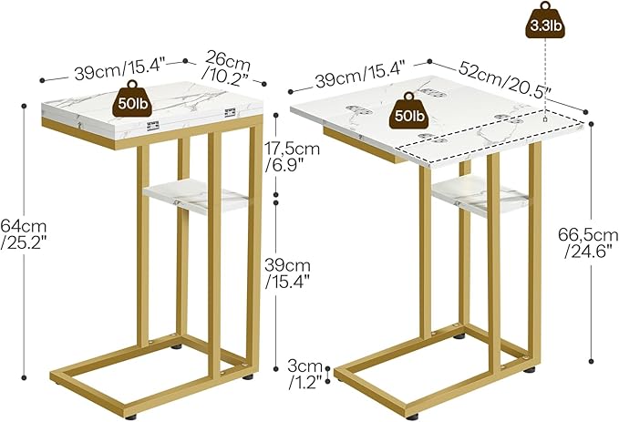 HOOBRO Foldable End Table, Gold C Shaped Side Table with Storage Shelf, Small Snack Table Suitable for Living Room Bedroom Small Spaces, Easy Assembly, Gold and Marble DM29SF01