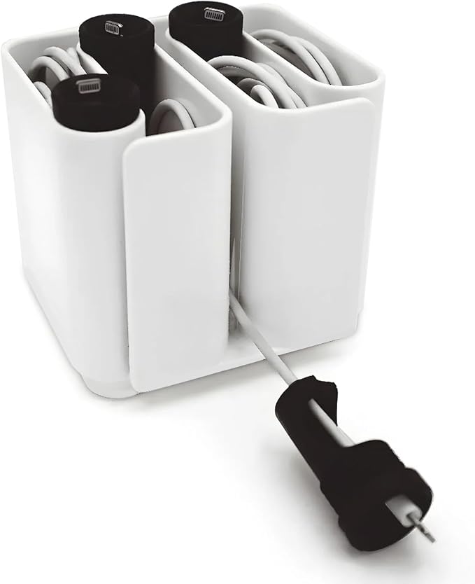 Cable Organizer with Multiple Compartments, Secure Cable Ends, Prevent Tangling, Tidy Workspace, Charging Solution, Desk Organizer Cord Management, White Plastic