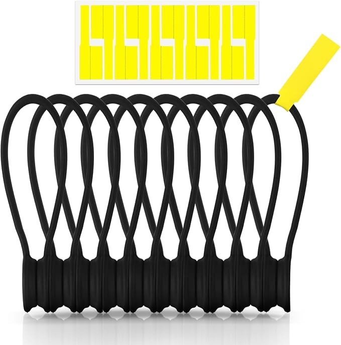 Kanemc 7.9'' Magnetic Cord Tie with Labels, Magnetic Twist Tie(10PCS-Black) | Magnetic Cable Organizer,Reusable Cable Ties with Strong Magnet for Bundling Cables,Silicone Cord Winder for home,Office