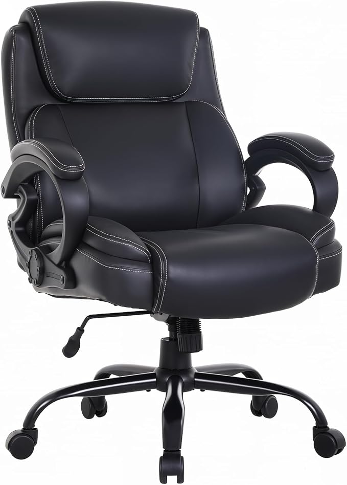 BestOffice Big and Tall Heavy Duty Office Chair 400lbs Wide Seat Ergonomic Computer Desk Chair with Arms and Lumbar Support High Back PU Leather Executive Task Computer Chair for Back Pain, Black