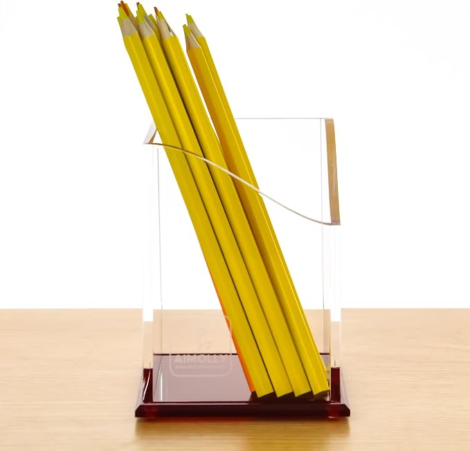 Red Acrylic Pencil Pen Holder Cup, Desk Accessories Holder,Makeup Brush Storage Organizer, Modern Design Desktop Stationery Organizer for Office School Home Supplies, 3.1x 3.1x 4.3 inch