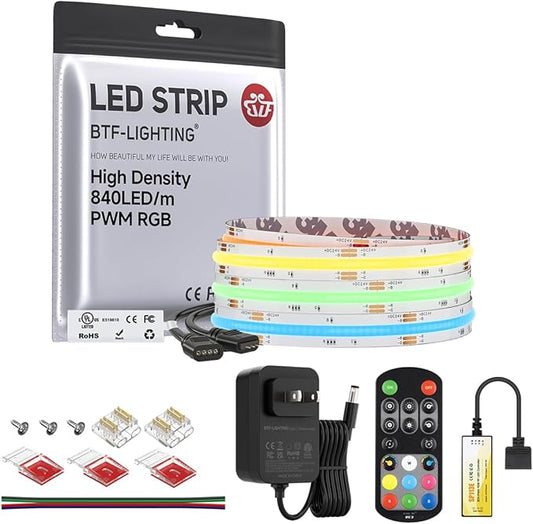 BTF-LIGHTING FCOB RGB COB LED Strip Lights Kit UL Listed 840LED/m 9.8FT 10mm Width Color Changing Flexible LED Tape for Bedroom Party Decor, with RF Remote and ETL 24VDC Power Supply