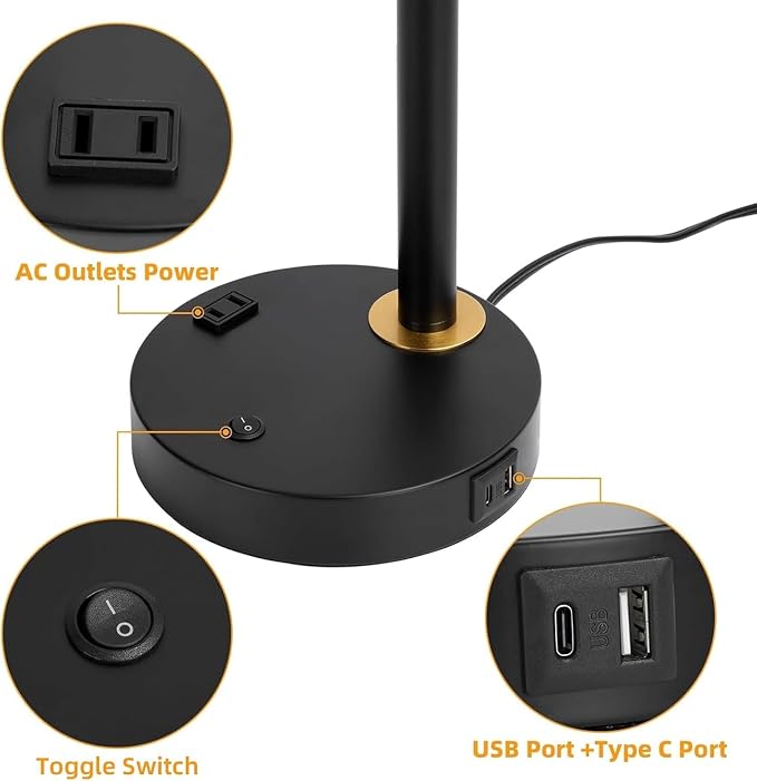 Desk Lamp with USB-C, USB-A & AC Outlet, Adjustable Metal Desk Lamp with 340° Swivel Lamp Head, Heavy Duty Table Lamp for Home Office, Bedroom & Reading, Black with Brass Accents (Bulb Not Included)