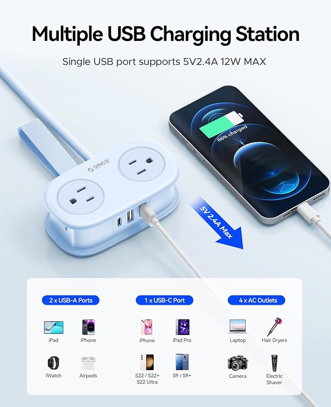 Cruise Approved Travel Power Strip with USB C, ORICO 4 Outlets 3 USB Ports (1 USB C) with 4FT Wrapped Short Extension Cord Small Power Strip, Non Surge Protector for Travel, Cruise Ship ETL Listed-AP3