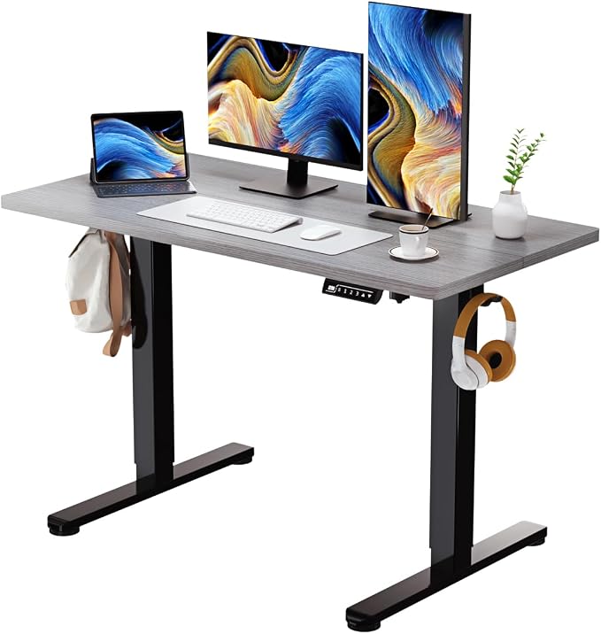 Grey Electric Standing Desk, 48 X 24 Inch Adjustable Height Table, Sit Stand Desk with 2 Hooks, Ergonomic Rising Workstation with Splice Board