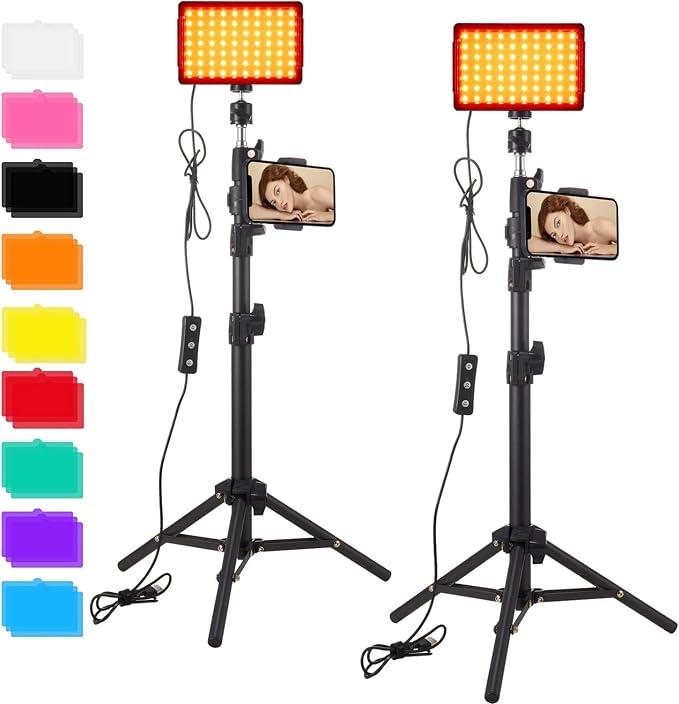 2-Pack LED Studio Streaming Lights, Portable Video Lighting for Video Recording Filming Camera Photo Photography Conference Game YouTube TikTok Shooting with Adjustable Tripod Stand & Color Filters