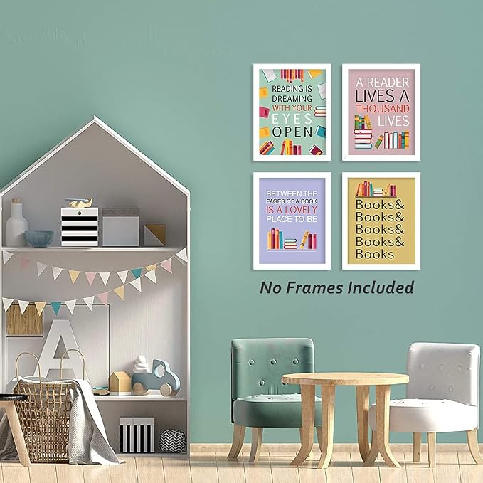 CHDITB Unframed Colorful Art Print Motivational Quote Read More Books Wall Art Painting,Set of 9 (8"x10") Canvas Watercolor Cartoon Inspirational Saying Poster for Classroom Kids Room Nursery Decor