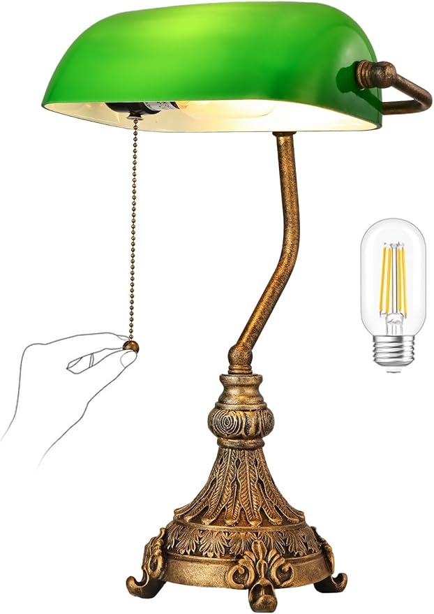 Vintage Green Glass Bankers Desk Lamp for Home Office,Library with Pull Chain Switch Plug in Fixture, LED Bulb Included