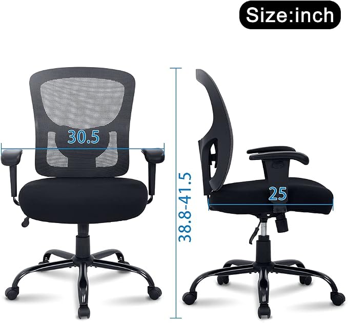 Big & Tall Office Chair Heavy Duty 400LBS Computer Desk Chair Ergonomic Task Rolling Swivel Mesh Chair with Lumbar Support & Adjustable Armrest Executive Chair for Women Men, Grey