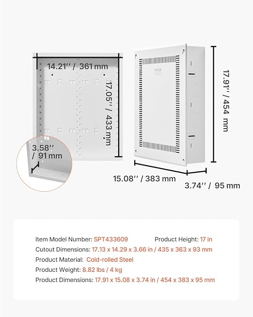 VEVOR Structured Media Enclosure, 17-Inch, Recessed in-Wall Media Box with Cover, Wall-Mount Cable Management Box Kit, Structured Wiring Multi-Media Cabinet, Cold-Rolled Steel, for TV Home Theater