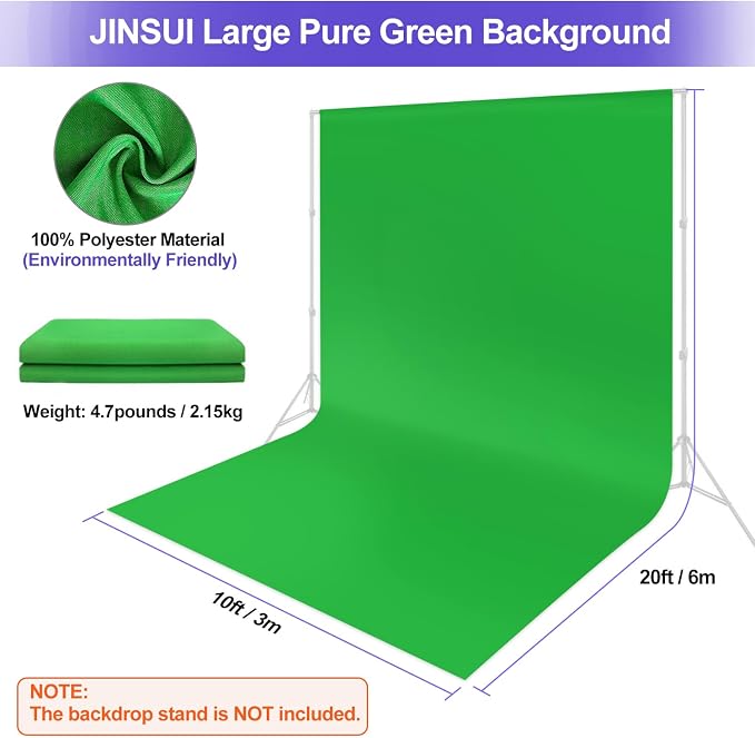 Green Screen Backdrop 10x20 ft, Portable Greenscreen Background for Streaming Zoom, Large Green Photo Backdrop Curtain for Photography, Chromakey Muslin Cloth for Gaming Photoshoot Video Studio