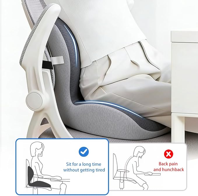 Memory Foam Seat Cushion for Office Chair,Sciatica Pain Relief Coccyx Cushion for Tailbone Pain,Orthopedic Gel Seat Cushion for Car,Non-Slip Bottom and Breathable Cover (Black,Grey)