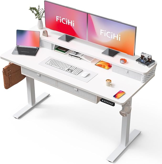 FiCiHi 55x24 Inch Electric Standing Desk, 4 Drawers, Adjustable Height Desk | Sit Stand Computer Desks, C-Clamp Compatible Home Office Desk with Monitor Stand, Cable Management, 3 Preset Heights