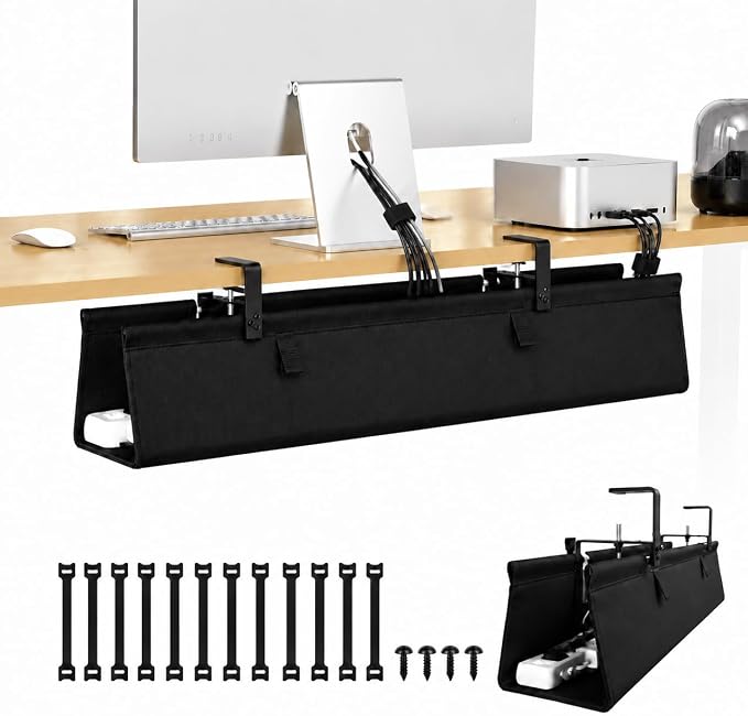 Under Desk Cable Management Tray 36", No Drill Clamp-On Design, Premium Oxford Fabric Cord Organizer Hides Power Strip & Messy Wires, Ideal for Home Office & Gaming Desk
