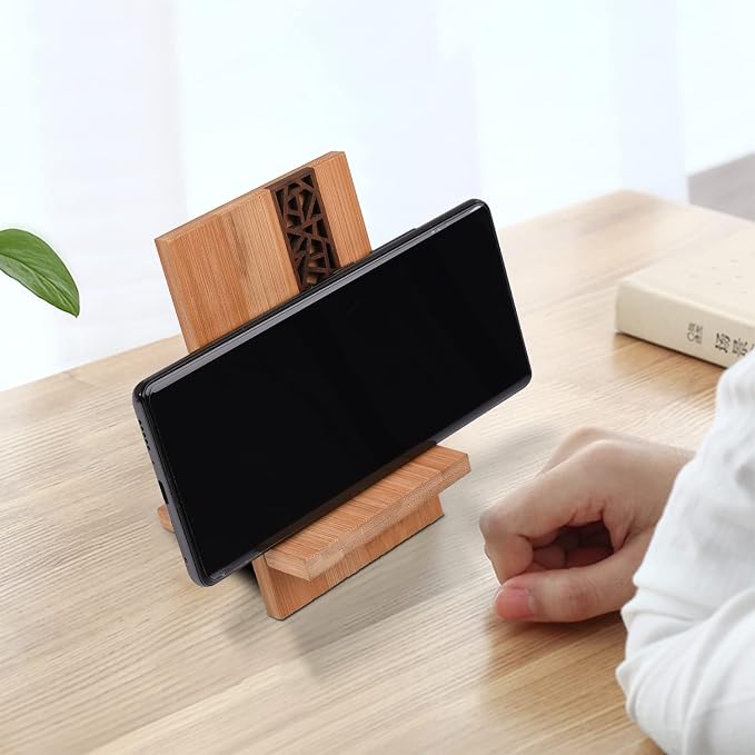 Mobile Stand Japanese Style Cellphone Holder Desktop Organizer Charging Station Compatible with All Smartphones Tablets Natural Bamboo Wood Portable Adjustable Angle (Pattern-NO Hole)