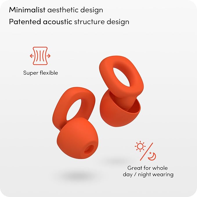 Audree Soft Ear Plugs for Noise Reduction, Reusable Flexible Earplugs for Sleep, Travelling, Focus, Study & Sensitivity, 28dB Noise Cancelling, 8 Silicone Ear Tips in XS/S/M/L, Orange