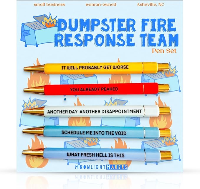 Moonlight Makers Funny Pens and Notepad Stationery Set - 5 Sarcastic Engraved Ballpoint Pens, Black Ink, Funny Office Gifts for Women, Coworkers, Novelty Gag Gift Set - Dumpster Fire Response Team Pen