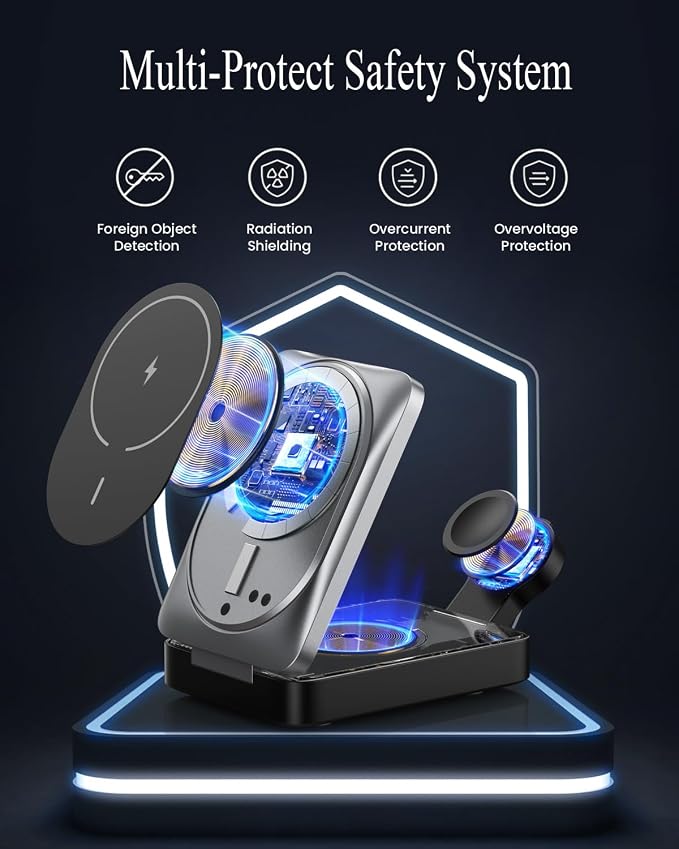 3 in 1 Wireless Charger Charging Station for iPhone,Travel Foldable Magnetic 15W Fast Wireless Charger Stand for Mag-Safe with 30W USB C Adapter for iPhone 17/16/15/14/13/12,Apple Watch,AirPods