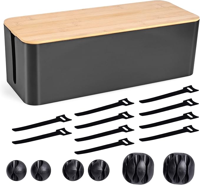 Cable Management Box - Wooden Style Large Cord Organizer to Hide Wires & Power Strips | Desk Computer Cable Organizer | Safe ABS Material | 16" (L) x 6.2" (W) 5.3" (H) | for Home & Office - Black