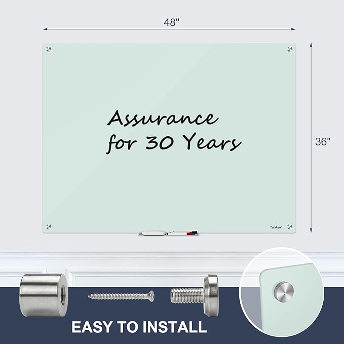 Magnetic Glass Whiteboard, TANKEE 48 x 36 Inches Glass Dry Erase Board Large White Board for Wall, Frameless Whiteboard for Office School Home Classroom