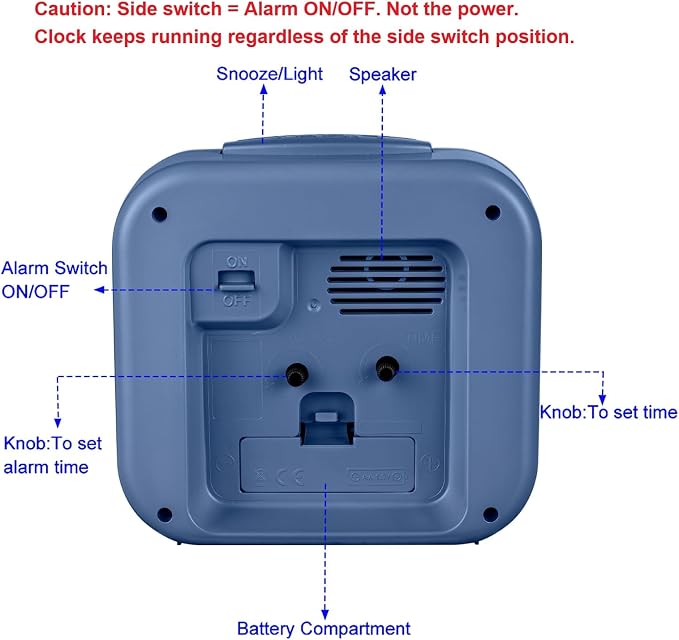 Tinload 5.5" Large No Ticking Analog Alarm Clock,Silent Readable for Seniors,Easy to Set,Gradual Rise Alarm,Big Numbers,Gentle Wake,Snooze, Lighted on Demand,Battery Operated,Blue