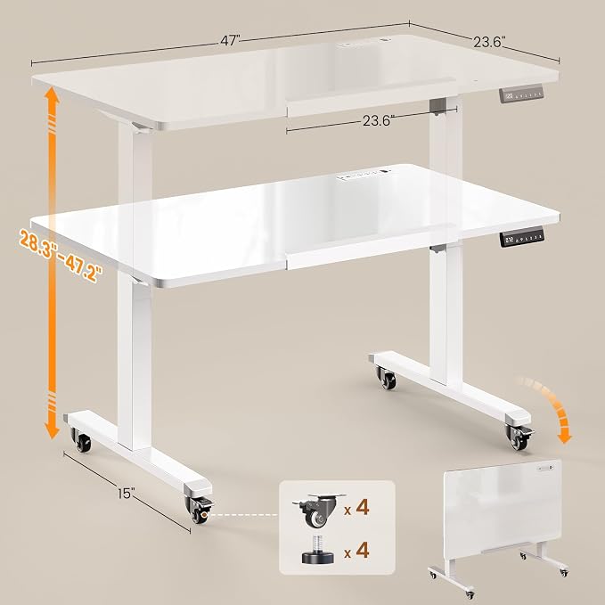 SEDETA 47x24'' Foldable Electric Standing Dry Erase Board Desk with Wheels | 180° Tiltable Mobile Rising Computer Desk Height Adjustable for Drawing/Writing/Gaming/Study/Home Office/Small Space