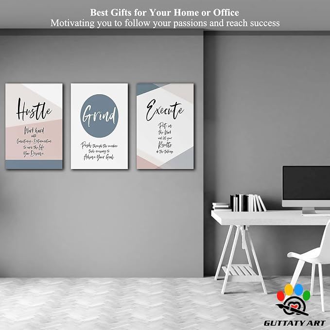 Office Wall Art - 3 Panel Motivational Wall Art, Inspirational Quotes Canvas Art for Home Office Wall Decor, Positive Quotes Wall Decor, Entrepreneur Grind Hustle Execution Poster Frame (20”x30”x3Pcs)