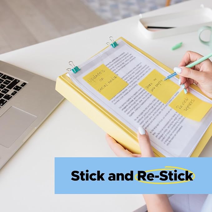 Post-it 100% Recycled Paper Super Sticky Notes, Canary Yellow, 3 in. x 3 in., 5 Sticky Note Pads, 70 Sheets per Pad, New Year Organization or Second Semester School Supplies