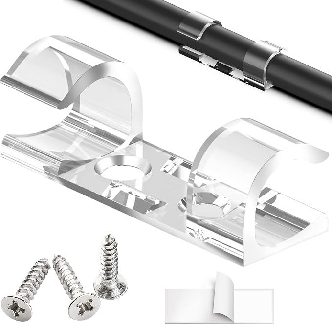 50 Cable Clips, Clear Cord Organizer, Cable Management Desk Wall | Self-Adhesive with 100 Screws for Damage-Free Mounting on Wood Glass Metal and Painted Surfaces