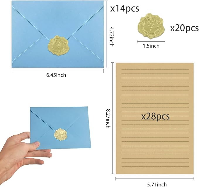 Stationary letter and envelopes set,Premium velvet-Touch envelopes 4x6 Envelopes 14 PCS with 28 PCS Stationery Paper,Colors Stationery Set for Love Letter, Party Invitations (Lake blue）