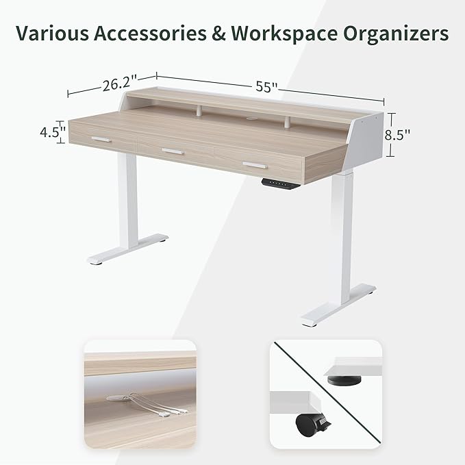 CubiCubi Standing Desk 55x26 Inches with 3 Wood Drawers and Monitor Shelf, Ergonomic Rising Home Office Desks, Height Adjustable Computer Desk, Sit Stand Up Electric Workstation Table, Light Walnut