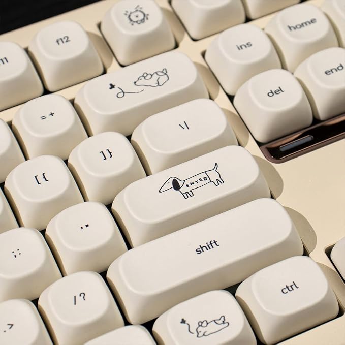 MOA Profile Cute Dog Keycaps, 124 Keys PBT Keycaps Set, Minimalist White Keyboard Caps, Custom Dye Sublimation Key Caps for 61/64/68/84/87/100/104/108 Cherry MX Mechanical Keyboards