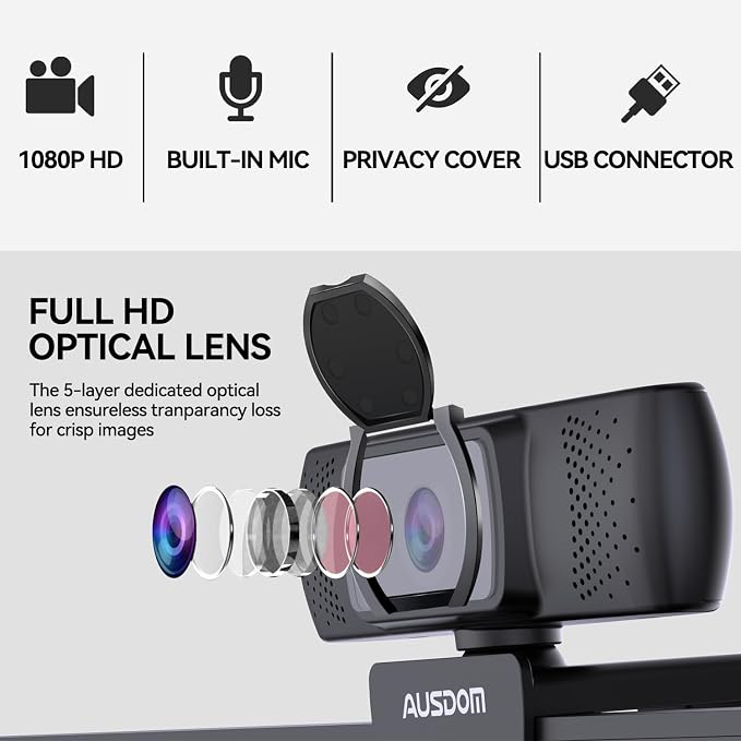 AUSDOM AF640 1080P Webcam with Microphone, 90°FOV USB PC Camera Webcam with Privacy Cover, Plug and Play Computer Camera for Online Calling/Conferencing, Zoom/Skype/YouTube, Laptop/PC