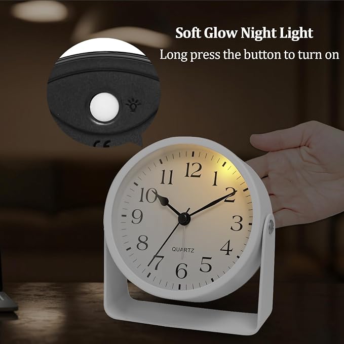 Analog Alarm Clock - 4.5" Silent Non Ticking Small Clock with Light, Rotatable Stand Metal Desk Clock Battery Operated, Simple Design for Living Room Decor/ Bedroom/Bedside/Shelf (White-Arabic)
