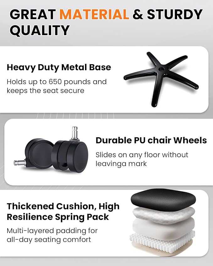 BOSMILLER 650lbs Large Big and Tall Office Chair for Heavy People with Adjustment Lumbar Support, Comfy Padded Heavy Duty Leather Executive Office Chair with Quiet Rubber for Adults 8 Hours Daliy Work
