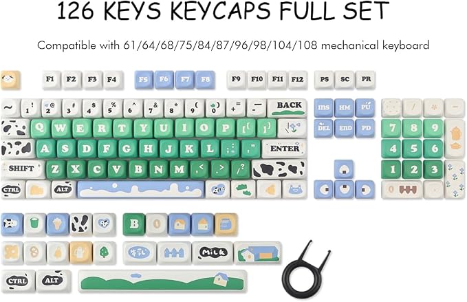 PBT Keycaps 126 Keys Cute Keycaps Dye-Sublimation Milk Cow Pasture Keycap MOA Profile Custom Keycap for Cherry Gateron MX Swithes Mechanical Keyboards